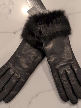 Lord & Taylor Black Leather Gloves with Fur Trim